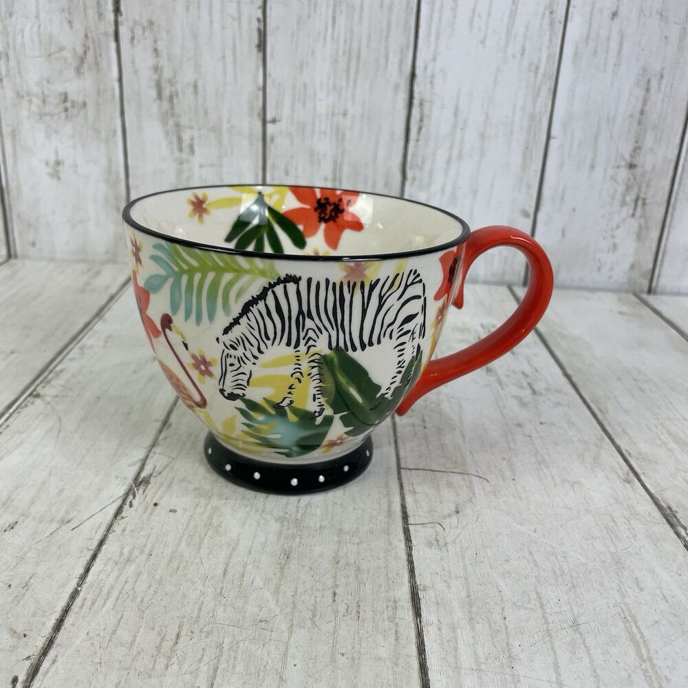 World Market Tropical Plants Zebra & Flamingo Mug Orange Handle